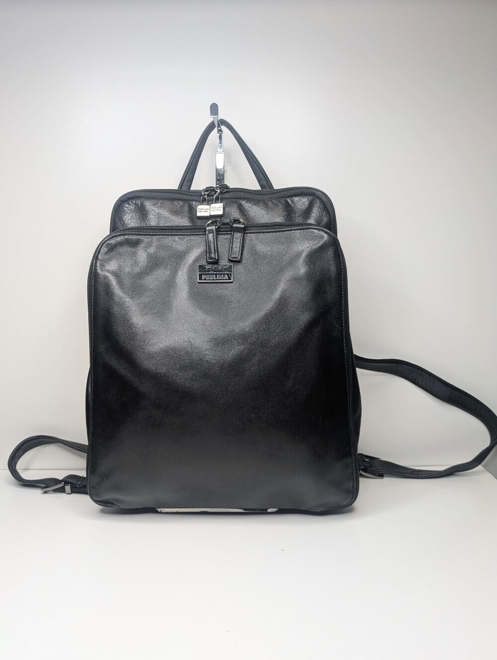 Perlina Vintage Backpack Bag Black Leather Multi Compartment